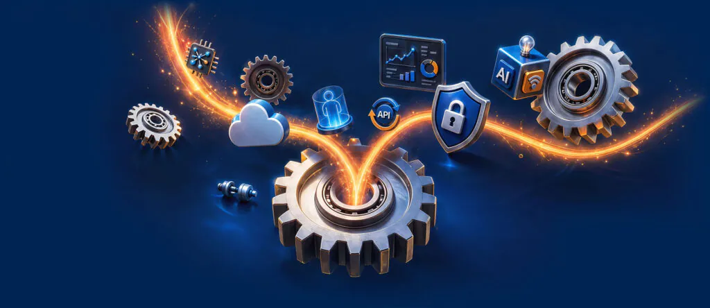 Diverse technologische symbolen zweven rond een centraal tandwiel, verbonden door lichtgevende energiestromen die moderne **asset management** en digitale integratie in een abstracte, diepblauwe omgeving visualiseren. Tekst in afbeelding: AI, API.