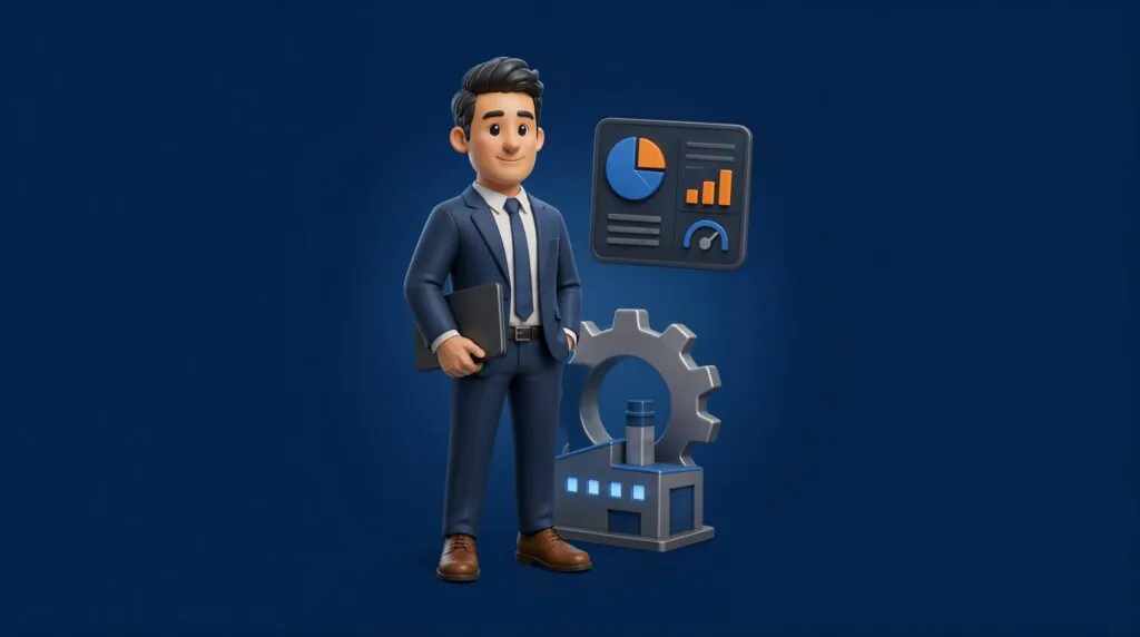 Een glimlachende zakenman houdt een laptop vast tegen een achtergrond van een fabriek en tandwiel, wat symbool staat voor efficiënt asset management in een digitale omgeving met SAP technology.