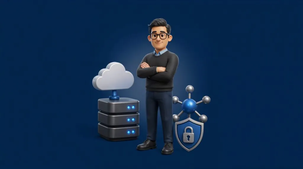 Een 3D-personage staat met gekruiste armen tussen een server met cloudpictogram en een beveiligd schild, wat staat voor moderne asset management oplossingen in een professionele digitale omgeving.