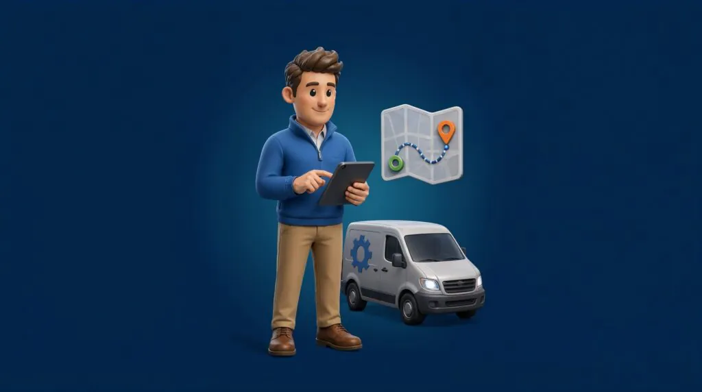 Een 3D-personage bedient een tablet voor field service management, met een kaartpictogram en een servicewagen in de achtergrond tegen een donkerblauwe achtergrond.