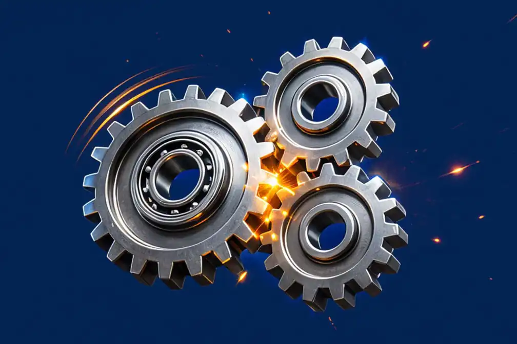 Drie in elkaar grijpende metalen tandwielen draaien tegen een donkerblauwe achtergrond, wat staat voor efficiënt asset management door middel van precieze mechanische werking en dynamische vonken.