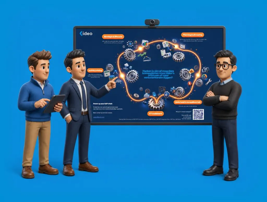 Drie geanimeerde professionals staan voor een digitaal scherm dat SAP technology toont, met grafische stromen van tandwielen en procesiconen, terwijl ze de SAP FSM strategieën op een blauwe achtergrond bespreken. **Tekst op het scherm:** ideo Strategie & lifecycle APM, EAM, S/4 HANA, AIE, MDM, SAP EPM, SAP G/A Service, SAP Service Cloud V2 Inzicht & sturing APM, MDM, SAP S/4HANA, Enterprise Management, EAM (EAM), OpenText VIM, SAC Power up your SAP chain Ontdek hoe meer samenhang in je keten zorgt voor meer rust en een toekomstbestendige organisatie. Neem contact op met onze mensen. www.ideo-nl.com Planning & uitvoering SAP Service Cloud V2, S/4 HANA, S/4 HANA, FSM, SAP Field Service, FSM, APM, Teamwear Herken je één of meerdere knooppunten waar risico’s ontstaan of waar verbeterkansen liggen? Onderhoud & voorspelbaarheid APM, MDM, SAC, EAM, EAM, AI Wil je je nu alvast verdiepen? Scan de QR-code en meld je aan voor het webinar! IT fundament Side-by-Side Extensions op SAP BTP, On-stack extensions, SAP AI Core, SAP BTP Integration Suite, SAP Fiori, SAP Build