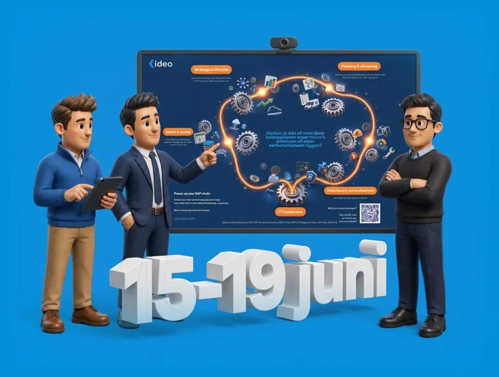 Drie zakenlieden presenteren sap technology op een digitaal scherm tegen een blauwe achtergrond, met de tekst "15-19 juni" op de voorgrond. Tekst op het scherm: ideo, Strategie & lifecycle, Planning & uitvoering, Toezicht & storing, Harken je één of meerdere knooppunten waar risico's ontstaan of waar verbeterkansen liggen?, Power up your SAP chain, IT Fundament, Onderhoud & voorspelbaarheid.