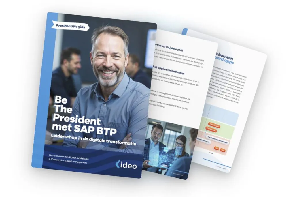 Een lachende man poseert voor een zakelijke brochure over SAP technology en asset management, met daarachter overlappende pagina's vol tekst over IT-oplossingen en digitale transformatie. Tekst op de brochure: "Presidentiële gids Be The President met SAP BTP Leiderschap in de digitale transformatie Ideo is al meer dan 25 jaar marktleider in IT en service & asset management <ideo" Tekst op de binnenpagina's (gedeeltelijk): "Expertise op de juiste plek ...diverse en toekomstbestendige IT-teams is een uitdaging. ...Er is steeds meer behoefte aan partners die flexibel zijn. ...in de technologie en ook businessprocessen, security en ...het applicatielandschap ...fusies en overnames of decentrale initiatieven is er in ...complex, versnipperd applicatielandschap ontstaan. Dit ...standaardisatie en innovatiekracht van IT. ...moderne IT-managers steeds meer regisseur zijn ...technologie, data, processen, mensen en partners. ...rop de introductie van SAP BTP in de context ...de naar S/4HANA. s bouwen aard apps ...en vraagstuk waarvoor nog geen standaard ...wadanig afwijkt van de standaard apps, kun ...van een custom Fiori-app. Dit kun je doen ...lo-code/low-code tools zoals Fiori Elements ...aard SAP is, moet je er zelf voor zorgen dat ...de key-user-extensions dus nog een andere ...P Build Apps kunnen 'Citizen Developers' ...realiseren die integreren met SAP. Naast ...Fiori Elements gaan werken. Ook dit is ...elen, in onderstaand beeld zetten we de ...en rijtje: ...S/4HANA ...SAP Build Apps ...Fiori Flexible Programming Model ...Fiori Elements ...Custom